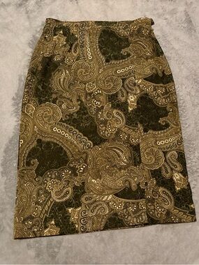 Notations Olive Green and Gold Paisley Pencil Skirt